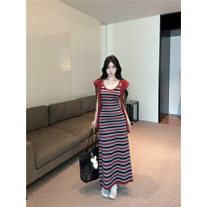 批发已出货  撞色条纹收腰显瘦吊带<b class='q'>连衣</b>裙辣妹长裙百搭披肩两件套秋季