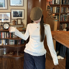 批发已出货 蕾丝花边抽绳长袖T恤女秋<b class='q'>冬</b>纯欲慵懒修身显瘦上衣女ins