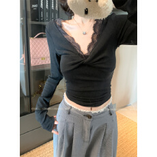 批发已出货 v领上衣女秋<b class='q'>冬</b>蕾丝长袖t恤高级感白色打底衫内搭