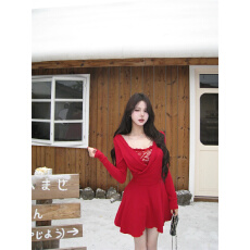 批发已出货 法式镂空蕾丝长袖<b class='q'>连衣</b>裙女秋冬收腰A字显瘦拼接短裙