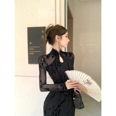 批发已出货 旗袍黑色网纱<b class='q'>连衣裙</b>女<b class='q'>秋季</b>性感修身包臀长裙2025旗袍裙