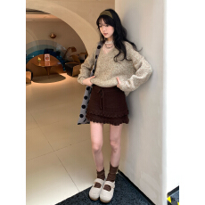 批发已出货 复古显瘦百搭木耳边系带针织半身裙短款秋冬2026新款