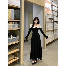 批发已出货 <b class='q'>一字肩</b>黑色<b class='q'>连衣裙</b>女秋冬新款气质千金风露肩显瘦减龄长裙