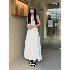 批发已出货 纯色无袖修身背心连衣裙女质小个子海边度假显瘦高腰长裙