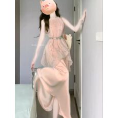 批发已出货 挂脖连衣裙夏季时尚新款拼接网纱波点高级假两件裙子