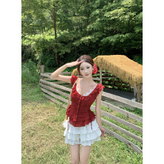 氛围感红色显白波点蕾丝边名媛风轻奢背心上衣女