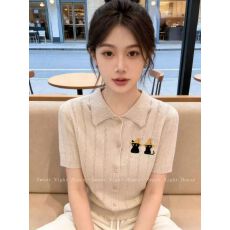 批发夏季日系学院风翻领短袖刺绣<b class='q'>针织</b><b class='q'>开衫</b><b class='q'>女</b>显瘦时尚百搭独特减龄上衣