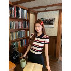 韩系撞色条纹短袖T恤女2026年夏季小个子正肩翻领针织上衣