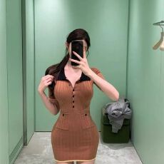 批发法式简约温柔风针织衫短袖POLO领显瘦撞色夏季新款上衣女