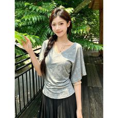 批发法式复古温柔风印花V领显瘦短袖<b class='q'>T</b><b class='q'>恤</b>夏季新款百搭上衣女