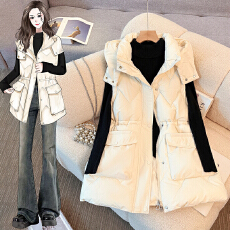 批发实拍连帽羽绒棉服<b class='q'>马甲女</b>2025秋冬新款大码胖mm中长款马夹收腰外套