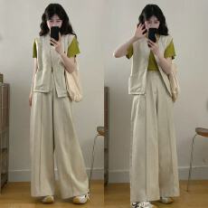 批发实拍 胖MM<b class='q'>大码</b>日常穿搭拉链马甲+短袖T恤+半橡筋腰休闲裤三件套