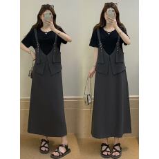 批发实拍 微胖女装胖mm大码巨显瘦遮肉夏季短袖减龄假两件连衣裙