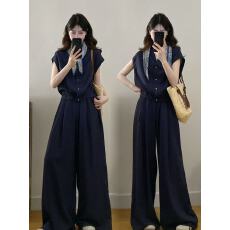 批发实拍胖MM简约通勤V领小衫+高腰显瘦阔腿裤休闲裤两件套(配丝巾)