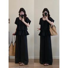 批发实拍 胖MM大码夏季收腰减龄纯色上衣女装松紧纯色腰长裤<b class='q'>时尚</b>套装