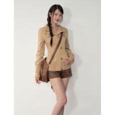 批发韩系翻领修身显瘦拉链系扣短<b class='q'>外套</b>女秋冬<b class='q'>新款</b>复古工装长袖夹克上衣