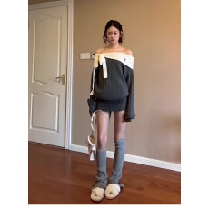 批发灰色一字肩长袖针织连衣裙女秋冬小个子收腰修身包臀短裙子早秋季