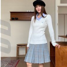 批发LK STORE LKOD<b class='q'>条纹</b><b class='q'>衬衣</b>领od字母毛衣v领假两件长袖针织修身女