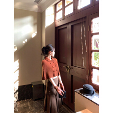 批发JAYKY YANG【奥黛小姐】双排扣翻领<b class='q'>罩衫</b>女罗纹针织百褶裙套装