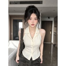 FEMALEPILOT 杏色polo领无袖马甲衬衫夏季辣妹风修身显瘦百搭上衣