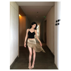 批发Hydrae禧1嘤 咖色珠光缎面拼接半身裙女夏辣妹不规则下摆包臀短裙