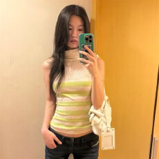 批发韩版条纹撞色半高领针织背心女<b class='q'>夏</b>季新款外穿修身显瘦百搭短款上衣