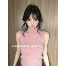 批发宋秀妍 SENIORS甜美少女风粉色高领扣无袖针织背心氛围感短款上衣