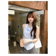 批发大耳朵 雾蓝旅行＇不规则条纹翻领背心女<b class='q'>夏</b>韩系漂亮收腰百搭上衣