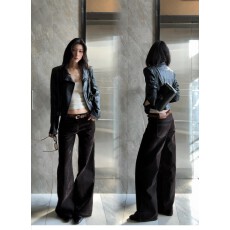 批发美式复古黑色短款<b class='q'>皮衣</b>外套女款早秋季高级感气质百搭修身夹克上衣