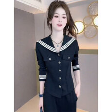 批发早秋穿搭一整套女2025新款<b class='q'>海军</b>领运动风套装阔腿裤黑色显瘦两件套