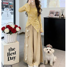 批发2026春夏新款温柔风v领收腰设计感<b class='q'>喇叭袖</b>衬衣阔腿裤新中式套装女