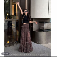 批发【画廊漫步】春夏法式透纱显瘦百搭褶皱松紧腰半身裙