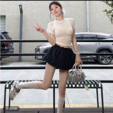 批发媛媛 白色蕾丝边圆领打底衫纯欲上衣+花苞裙假两件松紧腰半身裙裤