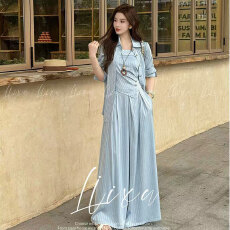 批发法式慵懒风吊带上衣女夏<b class='q'>条纹</b>松紧腰花苞半<b class='q'>裙</b>两件套」