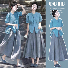 批发2026#夏法式桔梗奶茶盐系多巴胺穿搭大码孕妈<b class='q'>套装</b>