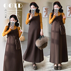 批发2025秋冬新款<b class='q'>孕妇装</b>毛衣<b class='q'>上衣</b>+毛呢时尚背带裙带包包中长款两件套