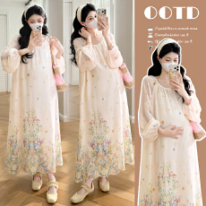 批发实拍~法式温柔风晕染<b class='q'>连衣裙</b>女2026春季新款孕妇绝美圆领气质长裙