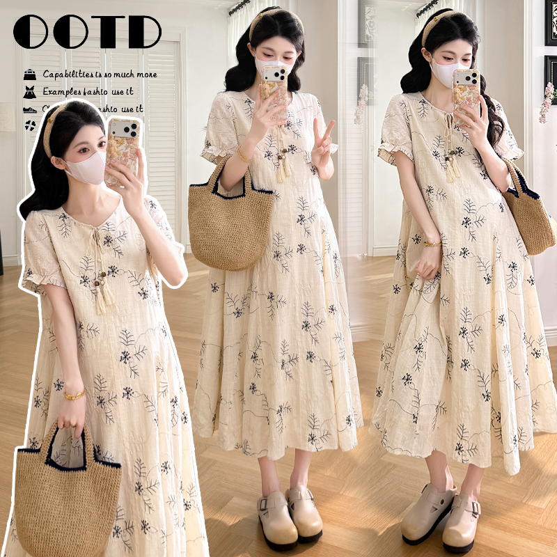 实拍现~2026夏季新品重工提花法式优雅宽松孕妇连衣裙
