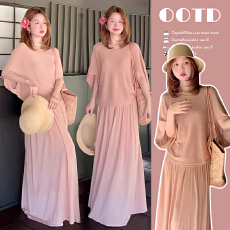 現~2026春夏新品圆领长袖A摆设计简约气质上衣+半身裙两件套