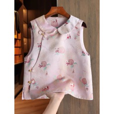 批发真丝宋锦提花新中式马甲背心女娃娃领减龄熊猫寿桃提花轻国风上衣