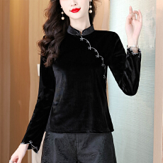 批发新中式国风黑色刺绣修身内搭长袖打底衬衫女秋冬唐装小衫上衣2025