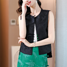 批发中式黑色马甲背心<b class='q'>女装</b>春秋新款国风提花无袖坎肩唐装外穿马夹2025