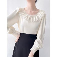 批发韩帛雅法式气质荷叶边衬衫女<b class='q'>职业</b>通勤ol衬衣柔光缎面垂感抗皱上衣