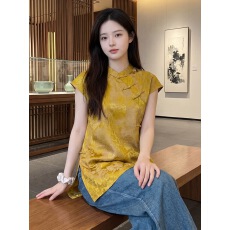 批发改良旗袍新中式提花漂亮独特短袖中长款上衣女<b class='q'>衬衫</b>国风中式上衣