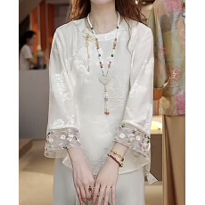 批发新中式国风提花<b class='q'>衬衫</b>女宽松<b class='q'>真丝</b>上衣2026春刺绣袖口长袖小衫
