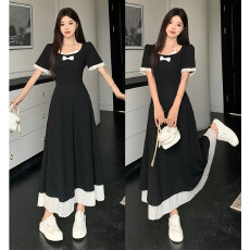 批发大码女装夏季气质撞色小众显瘦方领设计感时尚长款连衣裙