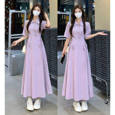 批发<b class='q'>大码</b>202夏季新款法式衬衫绑带收腰独特漂亮小个子气质长裙