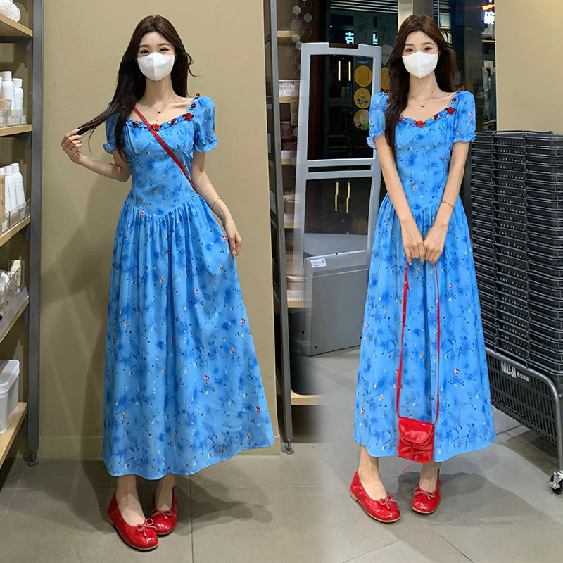 RY3380# 实拍~大码一生罗曼冰火玫瑰2.0法式方领碎花度假风短袖连衣裙