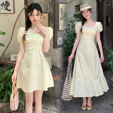 批发实拍~大码2026夏季方领显瘦修身连衣裙重工刺绣鱼尾连衣裙