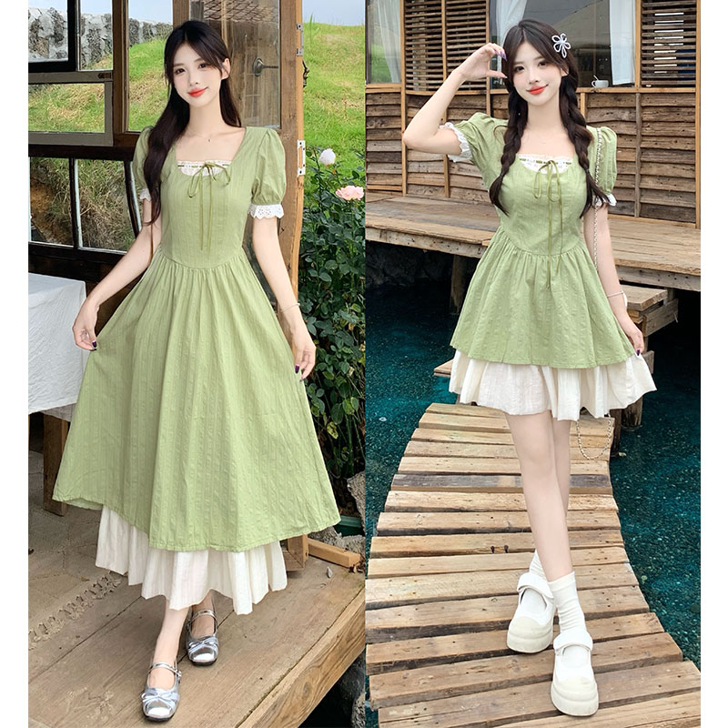 RY3379# 实拍~大码2026夏季撞色肌理感裙方领双层裙摆显瘦A字连衣裙